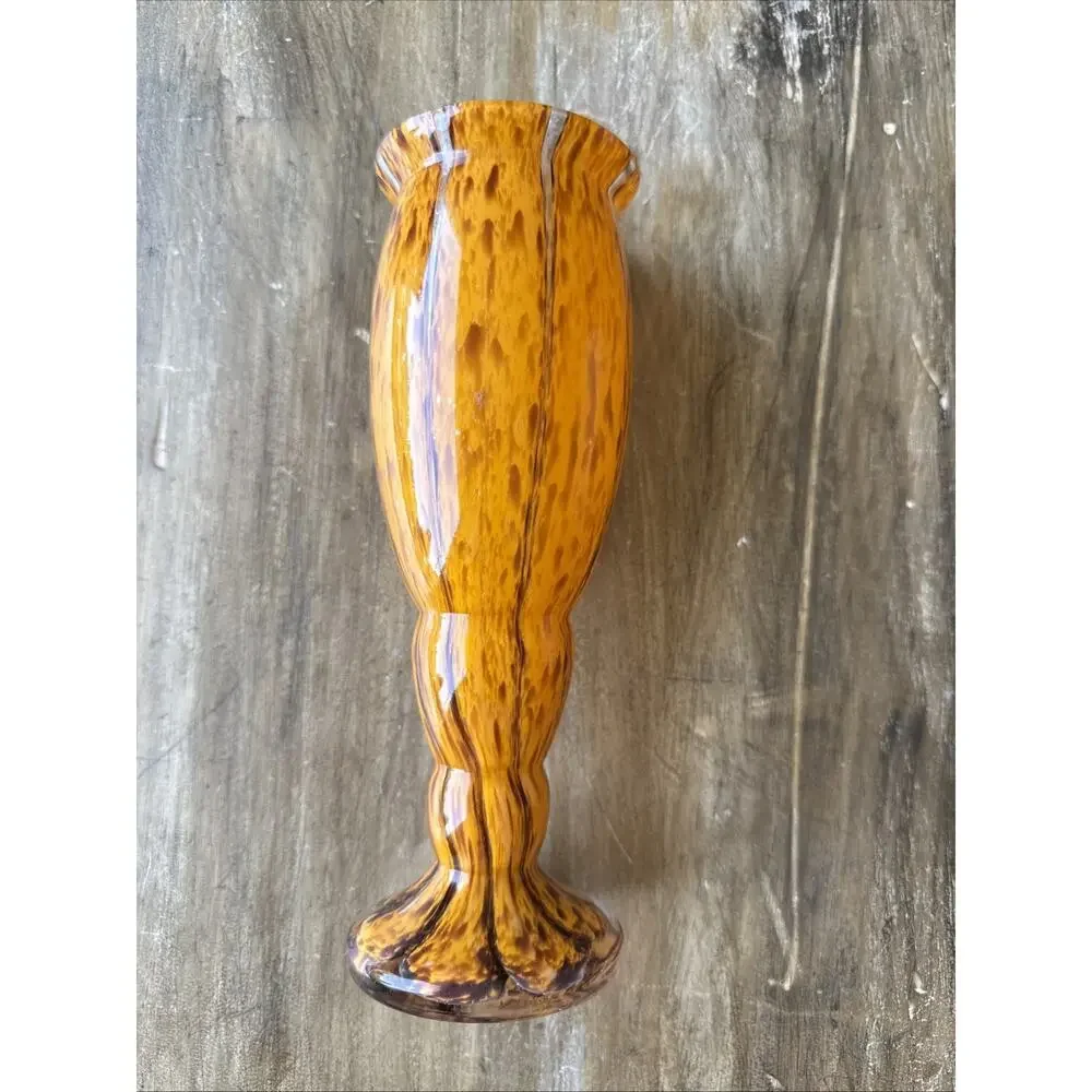 Franz Welz 1930s Bohemian Tango Art Glass Vase Orange Brown Zig‑Zag Spatter